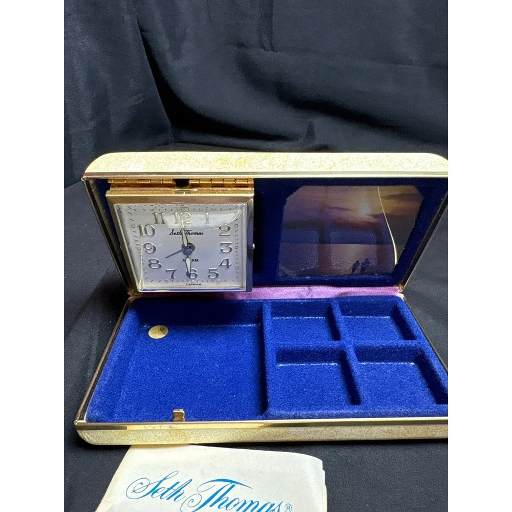 Seth Thomas Vintage Travel Alarm Clock Jewelry Valet Case Cream Gold Blue MCM